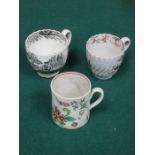 THREE EARLY FLORAL DECORATED CERAMIC CUPS,