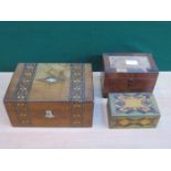 TWO INLAID STORAGE BOXES AND MAHOGANY STORAGE BOX ON RAISED SUPPORTS