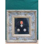 PRETTY GILT AND GLAZED FRAME CONTAINING SET OF THREE IMPERIAL RUSSIAN MEDALS, AWARDED FOR MERIT,