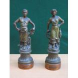 PAIR OF ANTIQUE SPELTER FIGURES WITH GOLD GREEN PATINA ON WOODEN SUPPORTS- SASTUSE AND FULTUSE,