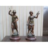 PAIR OF DECORATIVE SPELTER FIGURES ON STANDS- PANEUSE & FILEUSE, BOTH SIGNED 'FERVILLE SUAN,