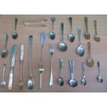MIXED LOT OF VARIOUS SILVER FLATWARE INCLUDING SPOONS KNIVES, FORKS, SUGAR TONGS ETC.