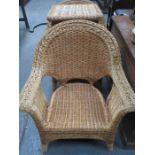 PAIR OF WICKER ARMCHAIRS AND WICKER TABLE