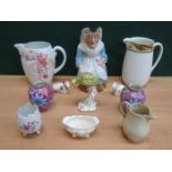 GRIMWADES JUG, COPELAND SPODE JUG, TOBY JUG, TWO SEATED COWS, ROYAL WORCESTER BUDGERIGAR,