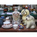 SUNDRY LOT INCLUDING CERAMIC DOGS, MURANO CLOWN (AT FAULT) AND VICTORIAN TEAWARE, ETC.