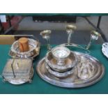 PARCEL OF SILVER PLATEDWARE INCLUDING WINE COASTERS, BUTTER DISH AND EPERGNE, ETC.