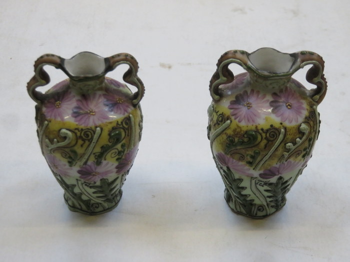 PAIR OF FLORAL VICTORIAN MINIATURE TWO HANDLED VASE,