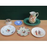 CHAMBERLAINS WORCESTER PLATE, STAG DECORATED JUG BY CLYDE POTTERY, POTTERY STORAGE BOX,