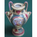 HANDPAINTED AND GILDED CONTINENTAL STYLE TWO HANDLED VASE, SIGNED KAUFMANN,
