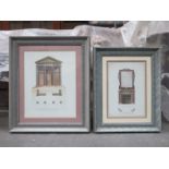 TWO FRAMED ARCHITECTURAL MONOCHROME ETCHINGS,