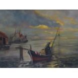 OIL ON CANVAS DEPICTING A FISHING SCENE AND ANOTHER OIL ON CANVAS DEPICTING A LAKE SCENE