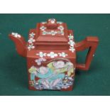 TERRACOTTA TEAPOT DECORATED WITH ORIENTAL FIGURES, STAMPED WITH CHARACTER MARKS TO BASE AND LID,