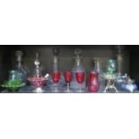 PARCEL OF COLOURED AND OTHER GLASSWARE INCLUDING EARLY DECANTERS