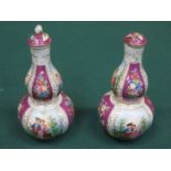 PAIR OF CONTINENTAL STYLE HANDPAINTED AND GILDED DOUBLE GOURD VASES AND COVERS,