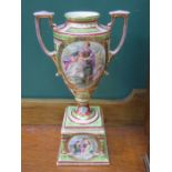 VIENNA POTTERY GILDED TWO HANDLED URN ON STAND