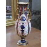 ROYAL CROWN DERBY HANDPAINTED AND GILDED TWO HANDLED CERAMIC VASES,