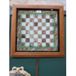 19th CENTURY PAINTED GLASS AND PINE CHESSBOARD