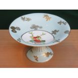 ROYAL WORCESTER HANDPAINTED, GILDED AND FLORAL DECORATED STEMMED CERAMIC TAZZA, HAS BEEN RESTORED,