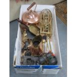 PARCEL OF COPPER AND BRASS INCLUDING FIRESIDE ITEMS AND KETTLE, ETC,