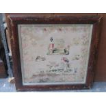 LARGE ROSEWOOD FRAMED EARLY VICTORIAN SAMPLER,