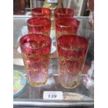 SET OF SIX PRETTY GILDED AND CRANBERRY COLOURED VENETIAN GLASSES