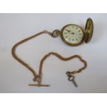 SAMUEL THORNDIKE YELLOW METAL POCKET WATCH WITH ENAMELLED DIAL WITH 9ct GOLD ALBERT WATCH CHAIN