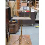 MAHOGANY MAGAZINE RACK ON BRASS TRIPOD STAND