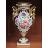HERCULANEUM HANDPAINTED, GILDED AND FLORAL DECORATED TWO HANDLED VASE,