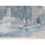 RUSSELL FLINT, PENCIL SIGNED PRINT DEPICTING TWO FIGURES BY A WATERFALL,
