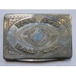 800 SILVER ENGRAVED AND RELIEF DECORATED CIGARETTE CASE WITH HINGED COVER AND GILT INTERIOR