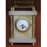 PRETTY GILT METAL AND MARBLE MANTEL CLOCK WITH CIRCULAR HANDPAINTED AND ENAMELLED DIAL