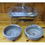 SILVER PLATED ENTREE DISH ON STAND AND PAIR OF PLATED WINE COASTERS