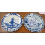 TWO SIMILAR DELFT BLUE AND WHITE CIRCULAR WALL PLAQUES, DIAMETER APPROXIMATELY 39cm,