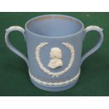 WEDGWOOD WHITE ON PALE BLUE JASPERWARE LOVING CUP TO MARK THE GOLDEN JUBILEE OF STOKE 1925-1975,
