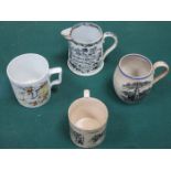 THREE VARIOUS CERAMIC MUGS AND PEARL WARE CERAMIC MUG