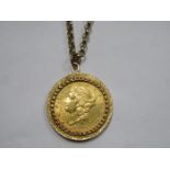 1904 GOLD TWENTY DOLLAR COIN WITHIN 9ct GOLD PENDANT SETTING ON 9ct GOLD CHAIN