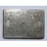 SILVER COLOURED DECORATIVE CIGARETTE CASE WITH HINGED COVER AND GILT INTERIOR