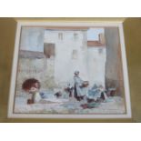 GILT FRAMED WATERCOLOUR DEPICTING A BUSY RIVERSIDE SCENE WITH FIGURES,