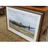 FRAMED POLYCHROME PRINT DEPICTING A LANCASHIRE BOMBER IN FLIGHT, BEARING VARIOUS SIGNATURES,