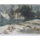 RUSSELL FLINT, PENCIL SIGNED PRINT DEPICTING A SEATED NUDE BY A RIVER,