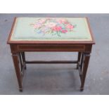 EDWARDIAN MAHOGANY INLAID PIANO STOOL WITH SLOPED FLORAL EMBROIDERED LIFT UP SEAT