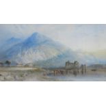 CORNELIUS PEARSON, FRAMED WATERCOLOUR DEPICTING A CASTLE RUINS WITHIN COUNTRY LAKESIDE SCENE,