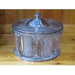 DECORATIVE OVAL SILVER PLATED AND GLASS BISCUIT BARREL WITH HINGED COVER