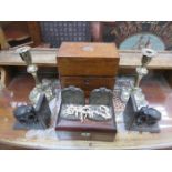 SUNDRY LOT INCLUDING TREEN STORAGE BOXES, CORAL NECKLACE, BOOKENDS AND CANDLESTICKS, ETC.