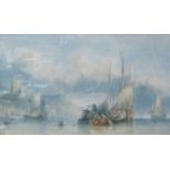 A HULK, FRAMED WATERCOLOUR DEPICTING A COASTAL SCENE WITH WORK BOATS, UNSIGNED,