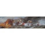 GILT FRAMED OIL ON WOODEN PANEL DEPICTING THE BATTLE OF THE SPANISH ARMADA,