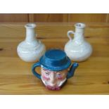 MINIATURE CHARACTER TEAPOT AND PAIR OF MINIATURE AGATE WARE VASES (ONE AT FAULT)