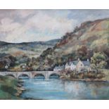 DE CRICHTON, FRAMED OIL ON BOARD DEPICTING A RIVER SCENE WITH BRIDGE AND COTTAGES,