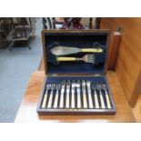 CASED SET OF SIX PLATED FISH KNIVES AND FORKS WITH SERVERS