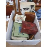 BOX CONTAINING SUNDRIES INCLUDING MAGAZINES, BAROMETER, TREEN BOWL AND STORAGE BOXES, ETC.